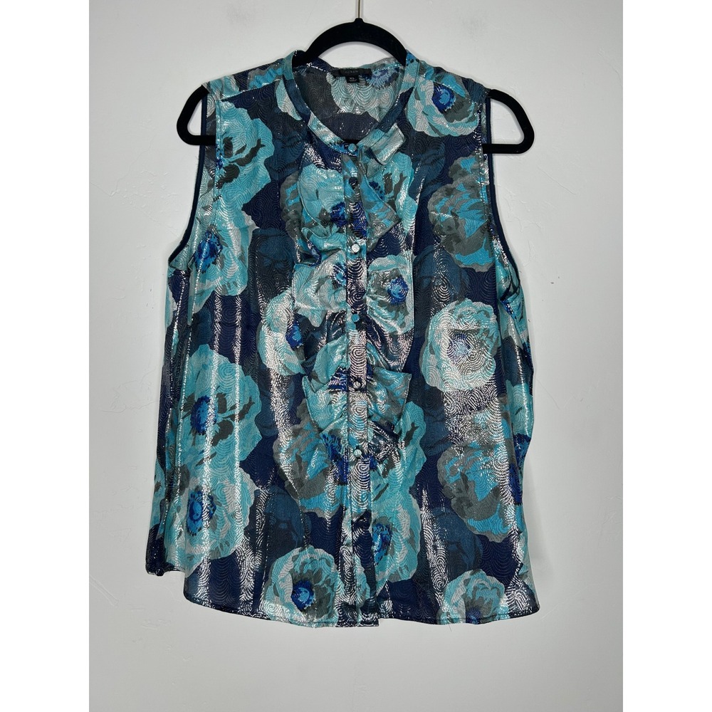 J Crew Blue Silver Metallic Floral Tank Blouse Tuxedo Ruffle Silk Blend Size XL